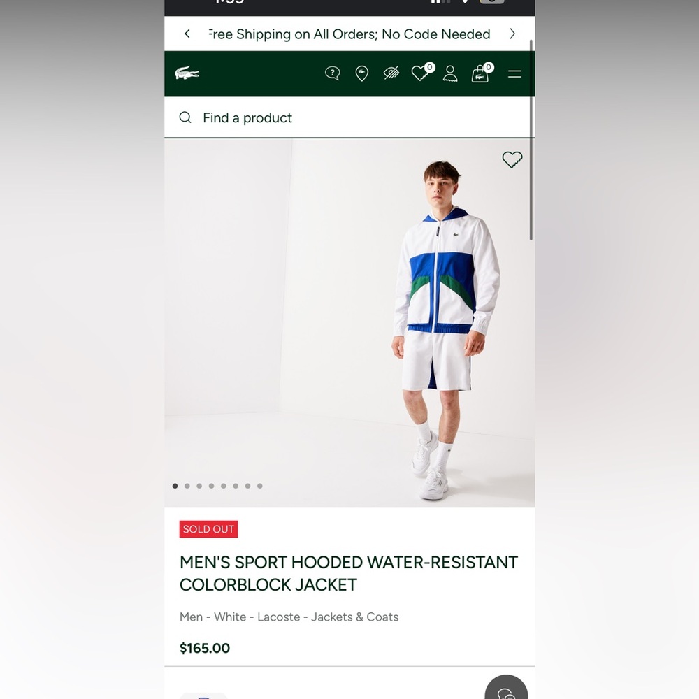 MEN'S SPORT HOODED WATER-RESISTANT COLORBLOCK JACKET LACOSTE